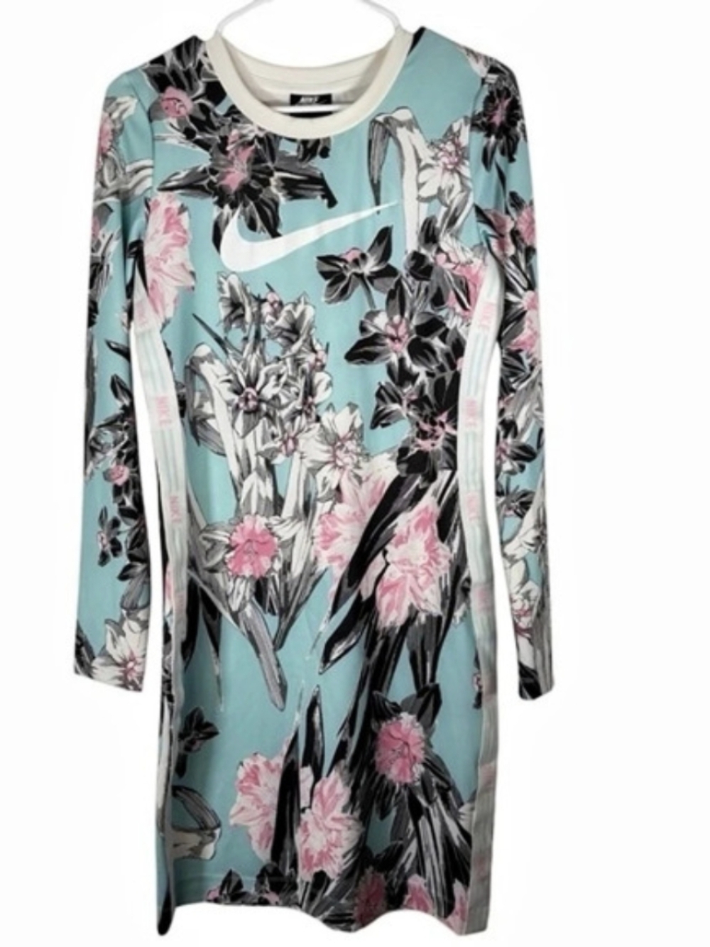 Nike Hyper Femme AOP Long-Sleeve Dress Floral Mini Dress Blue & Pink New Xs